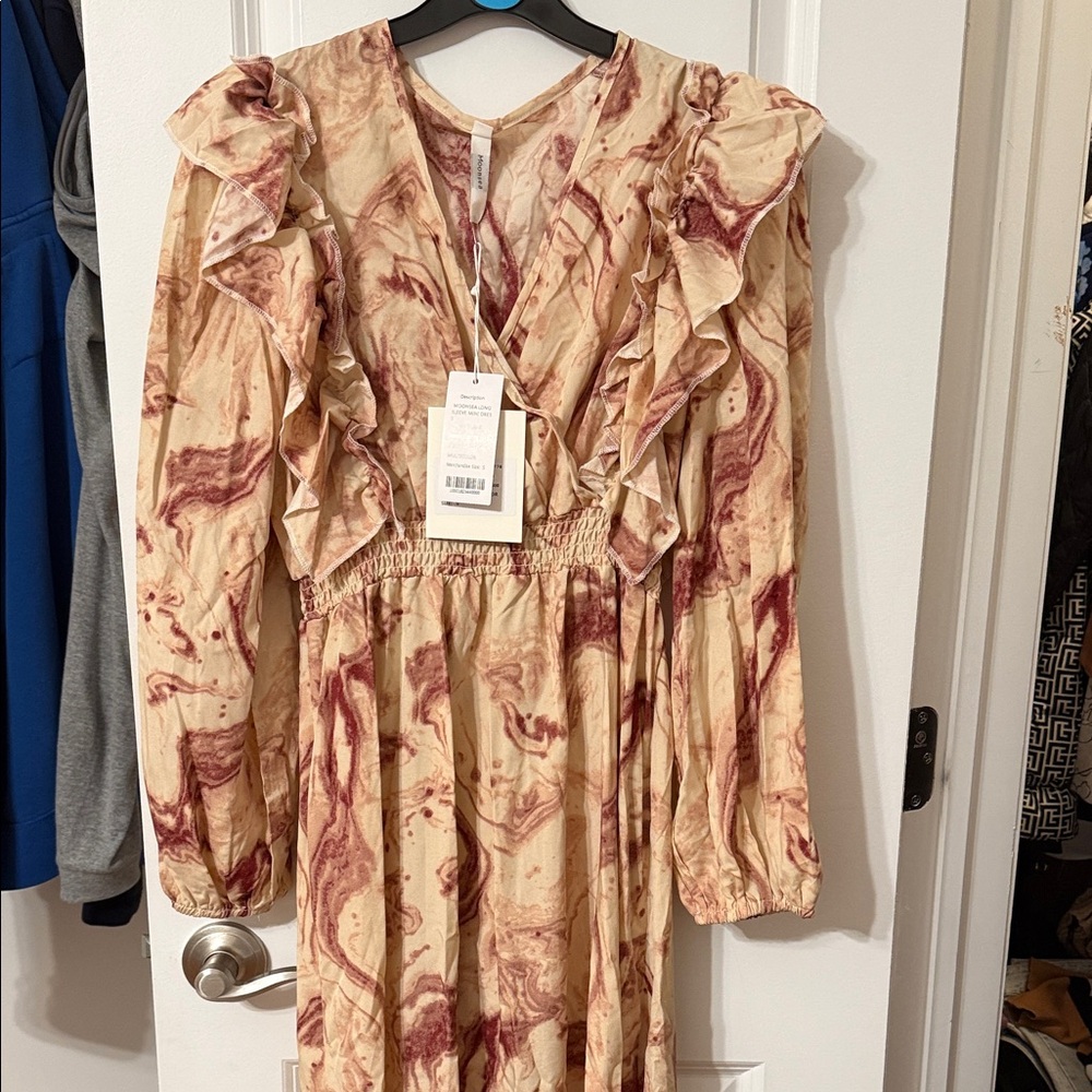 Moonsea Cream and Burgundy Marble Ruffle Wrap Maxi Dress